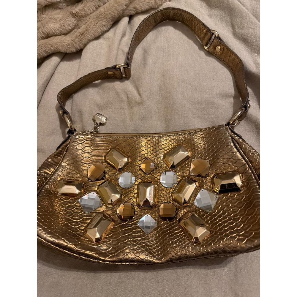 Kathy Van Zeeland Metallic Bronze Python Embossed Jeweled Shoulder Bag Y2K